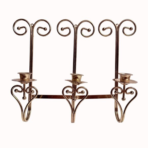 Hollywood Regency Brass Wall Sconce Triple Taper Candle Holder VTG 70s Elegant - Picture 3 of 15